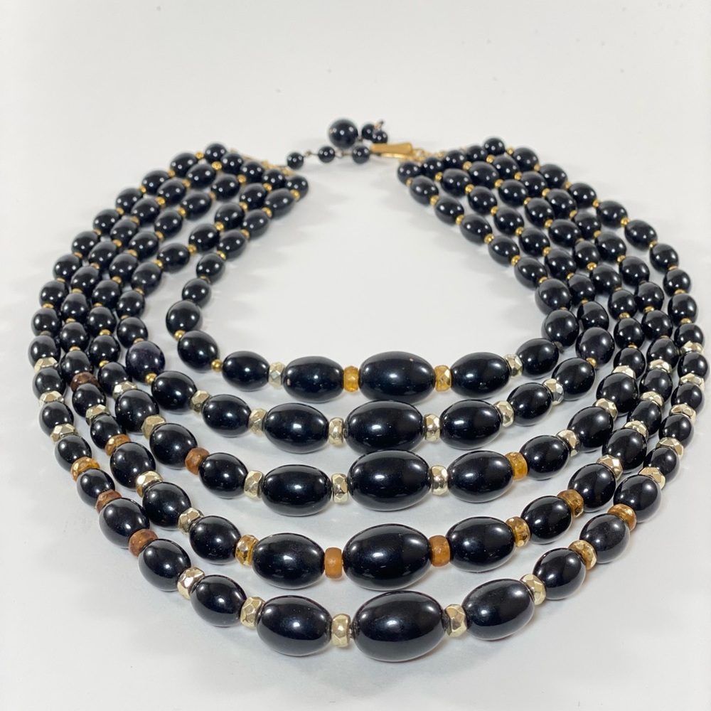 VINTAGE FIVE STRAND BLACK BEAD BIB GRADUATED BEAD NECKLACE
